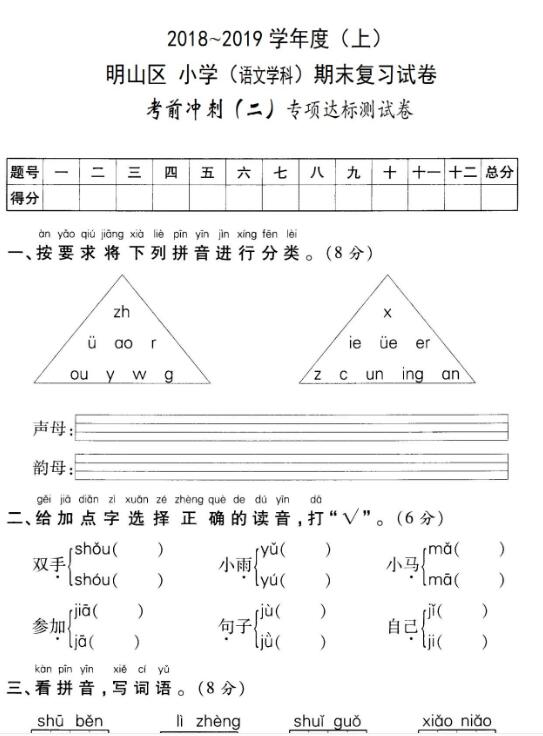 2018-2019学年度(上)明山区小学语文期末复习试卷pdf资源下载