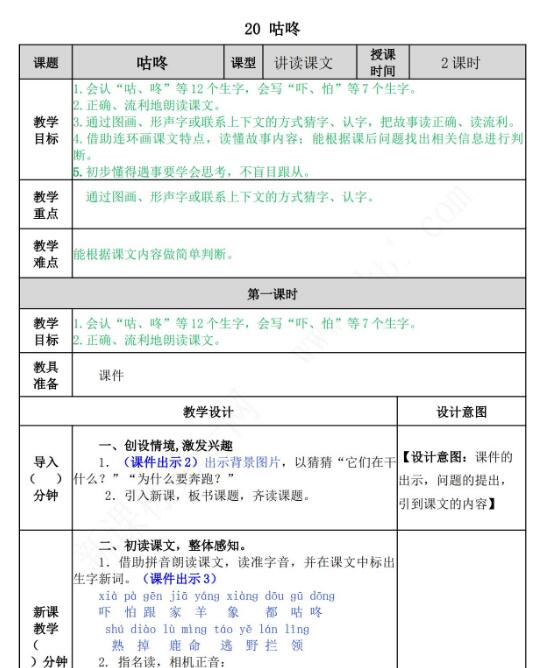 2021年部编版第20课咕咚教学设计文档资源免费下载