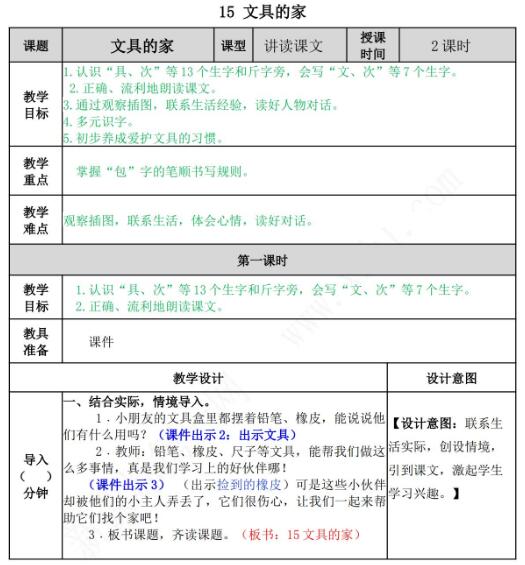 2021年部编版一年级第15课文具的家教案文档资源免费下载