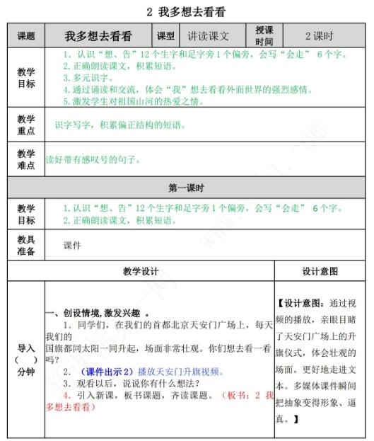 2021年部编版一年级第2课我多想去看看教案资源免费下载