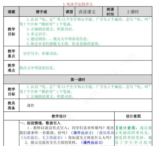 2021年部编版一年级第1课吃水不忘挖井人教案资源免费下载