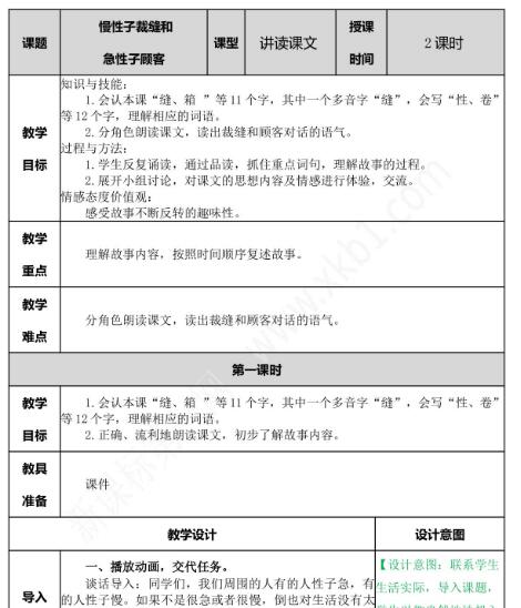 2021年部编版三年级第25课慢性子裁缝和急性子顾教案资源免费下载