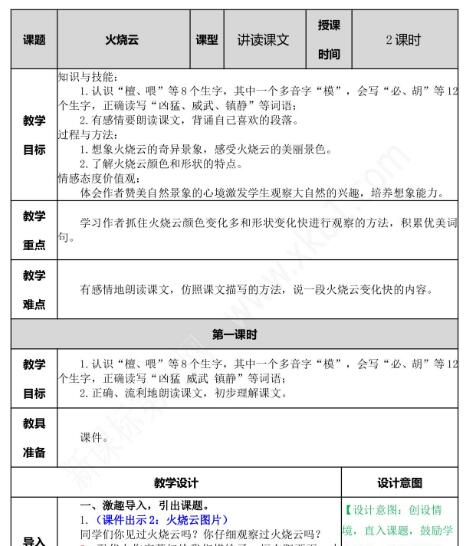 2021年部编版三年级第24课火烧云教案文档资源免费下载