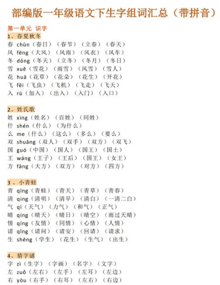 部编版语文一年级语文下册生字组词汇总百度网盘资源免费下载
