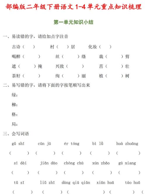 部编版二年级下册语文1-4单元重点知识梳理资源免费下载