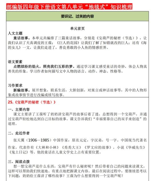 部编版四年级下册语文第一至八单元“地毯式”知识梳理资源免费下载