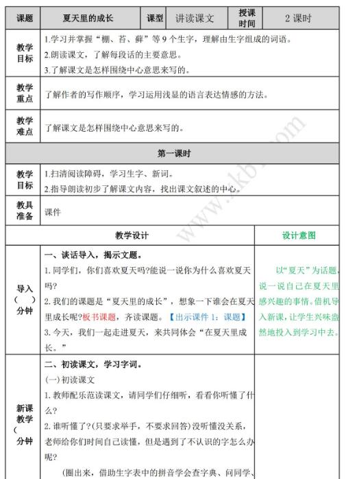 2021年部编版六年级上册第15课夏天里的成长教案资源免费下载