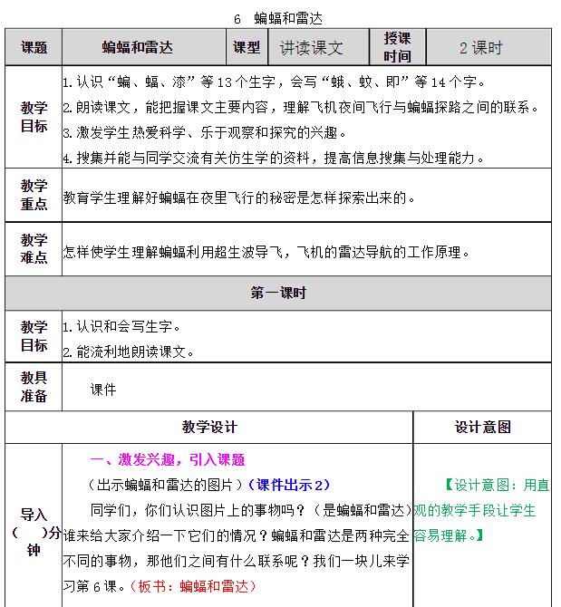 2021年部编版四年级上册第6课蝙蝠和雷达教案资源免费下载