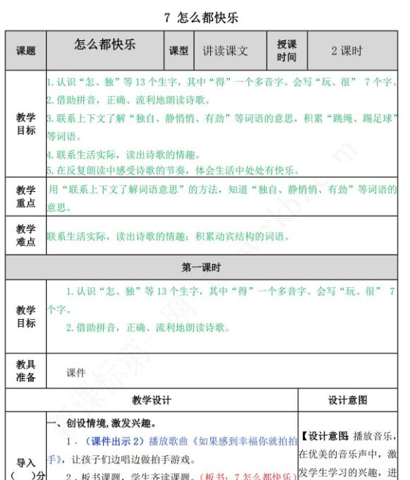 部编版一年级语文下册第7课怎么都快乐教案资源免费下载