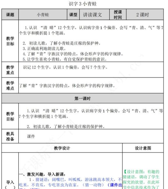 部编版一年级下册第一单元识字3：小青蛙教案资源免费下载