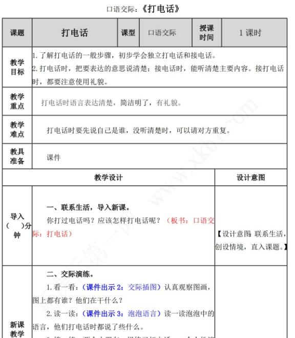 部编版一年级下册口语交际：打电话教案资源免费下载