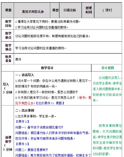 部编版六年级上册口语交际：意见不同怎么办教案资源免费下载