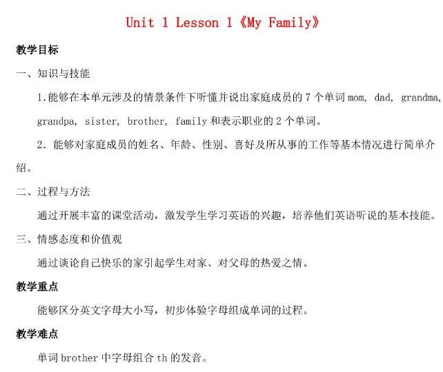 二年级英语上册Unit 1 Lesson 1《My Family》教案文档资源