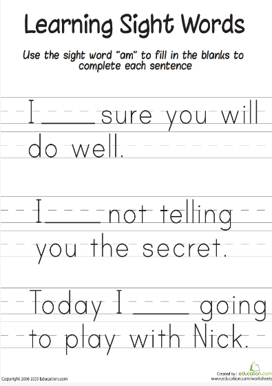 Sight Words Sentences15个工作表集合PDF资源免费下载